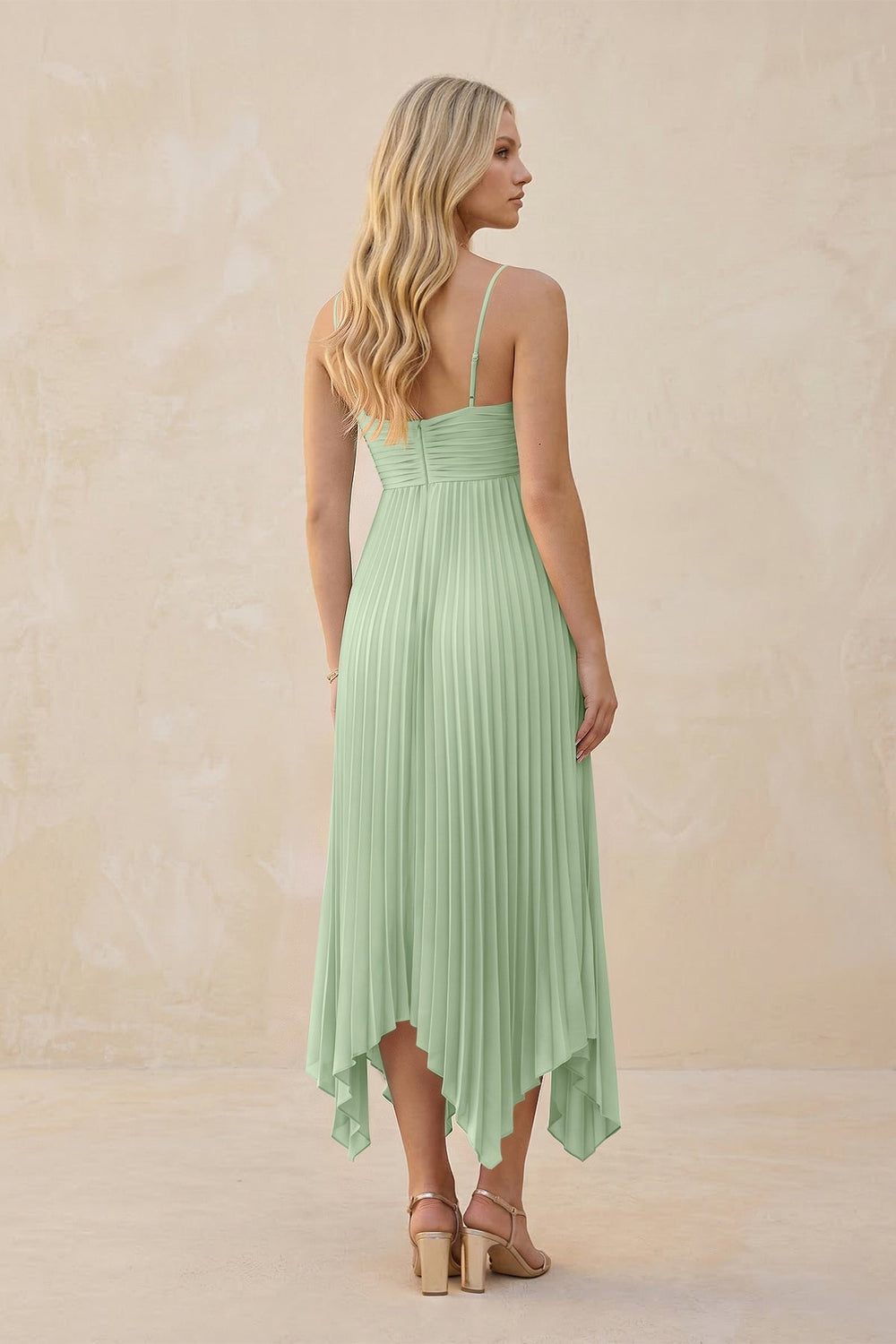 Spaghetti Strap Pleated A - Line Chiffon Midi Bridesmaid Dress in Sage - KISS BRIDAL Bridesmaid Dresses