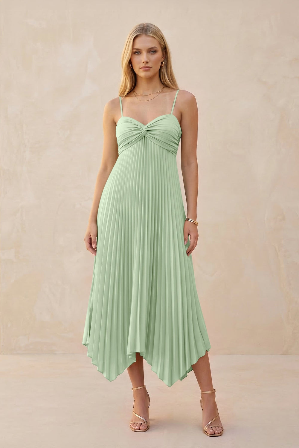Spaghetti Strap Pleated A - Line Chiffon Midi Bridesmaid Dress in Sage - KISS BRIDAL Bridesmaid Dresses
