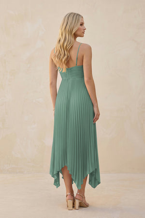 Spaghetti Strap Pleated A-Line Chiffon Midi Bridesmaid Dress in Sea Glass (2) | KISSBRIDAL