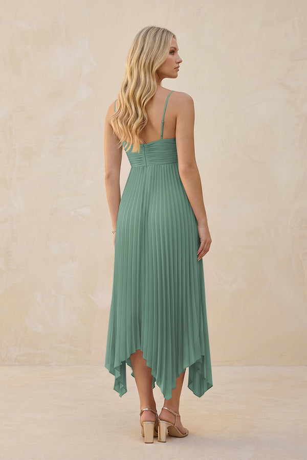 Spaghetti Strap Pleated A-Line Chiffon Midi Bridesmaid Dress in Sea Glass (2) | KISSBRIDAL