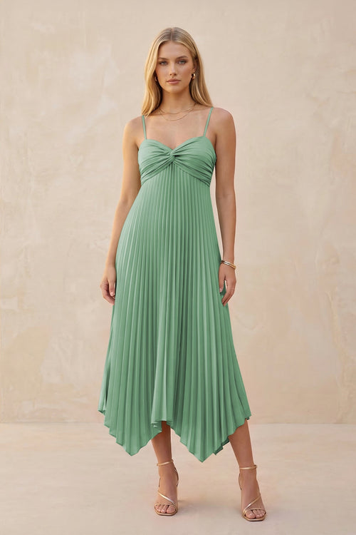 Spaghetti Strap Pleated A - Line Chiffon Midi Bridesmaid Dress in Sea Glass - KISS BRIDAL Bridesmaid Dresses