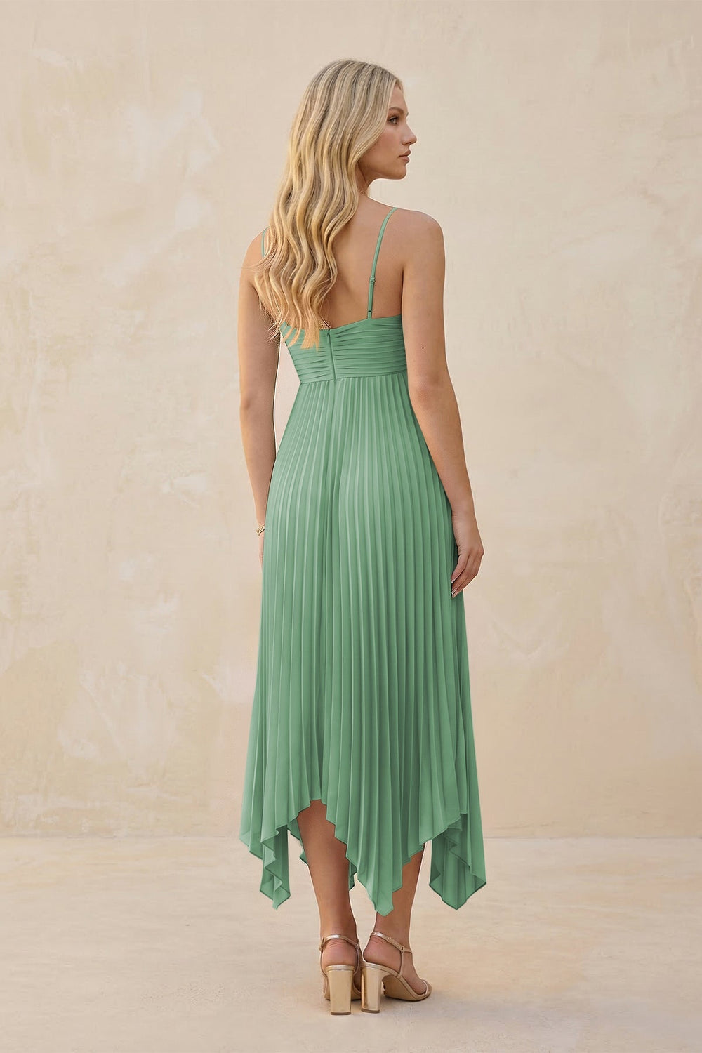 Spaghetti Strap Pleated A - Line Chiffon Midi Bridesmaid Dress in Sea Glass - KISS BRIDAL Bridesmaid Dresses