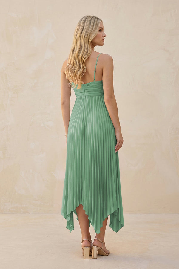 Spaghetti Strap Pleated A - Line Chiffon Midi Bridesmaid Dress in Sea Glass - KISS BRIDAL Bridesmaid Dresses