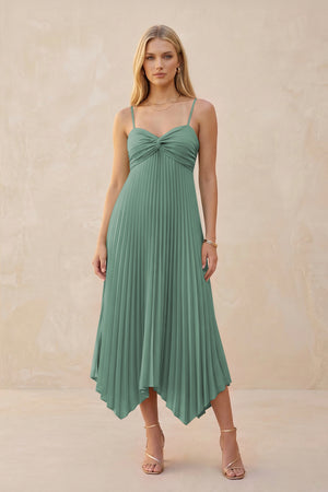Spaghetti Strap Pleated A-Line Chiffon Midi Bridesmaid Dress in Sea Glass | KISSBRIDAL