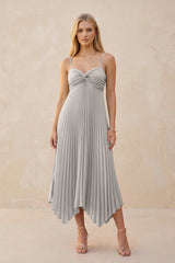 Spaghetti Strap Pleated A - Line Chiffon Midi Bridesmaid Dress in Silver - KISS BRIDAL Bridesmaid Dresses