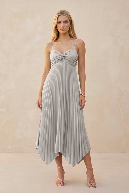 Spaghetti Strap Pleated A - Line Chiffon Midi Bridesmaid Dress in Silver - KISS BRIDAL Bridesmaid Dresses