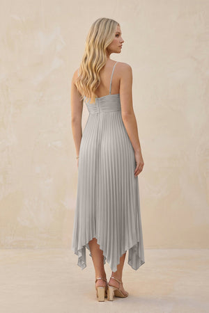 Spaghetti Strap Pleated A - Line Chiffon Midi Bridesmaid Dress in Silver - KISS BRIDAL Bridesmaid Dresses