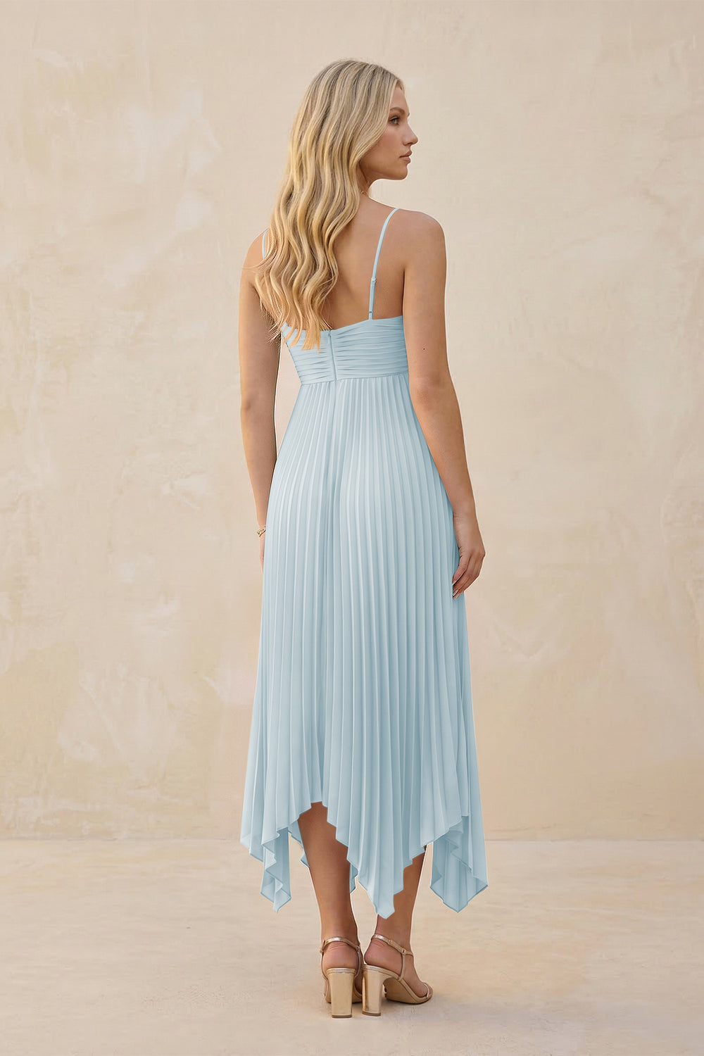 Spaghetti Strap Pleated A-Line Chiffon Midi Bridesmaid Dress in Sky Blue