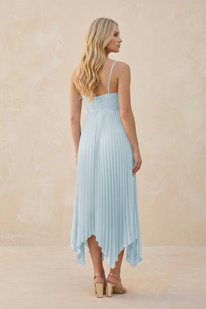 Spaghetti Strap Pleated A-Line Chiffon Midi Bridesmaid Dress in Sky Blue (2) | KISSBRIDAL