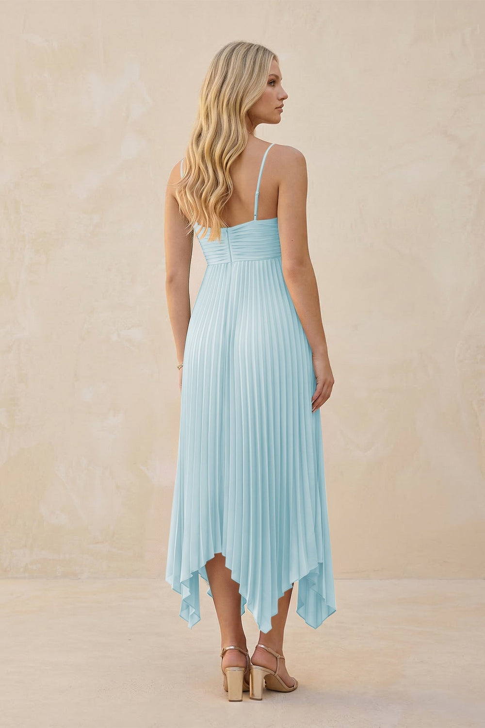 Spaghetti Strap Pleated A - Line Chiffon Midi Bridesmaid Dress in Sky Blue - KISS BRIDAL Bridesmaid Dresses