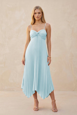 Spaghetti Strap Pleated A - Line Chiffon Midi Bridesmaid Dress in Sky Blue - KISS BRIDAL Bridesmaid Dresses