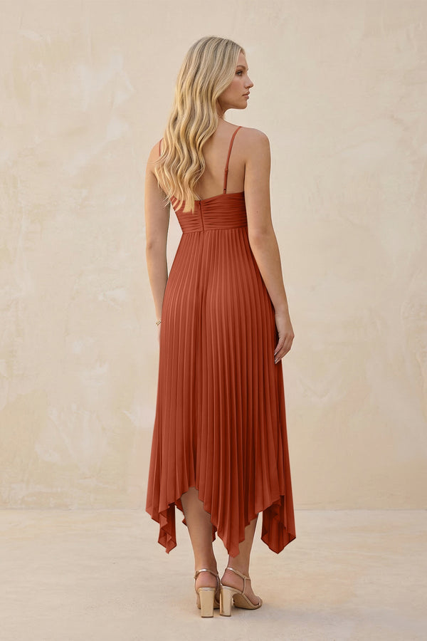 Spaghetti Strap Pleated A - Line Chiffon Midi Bridesmaid Dress in Spice - KISS BRIDAL Bridesmaid Dresses