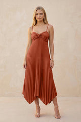 Spaghetti Strap Pleated A - Line Chiffon Midi Bridesmaid Dress in Spice - KISS BRIDAL Bridesmaid Dresses
