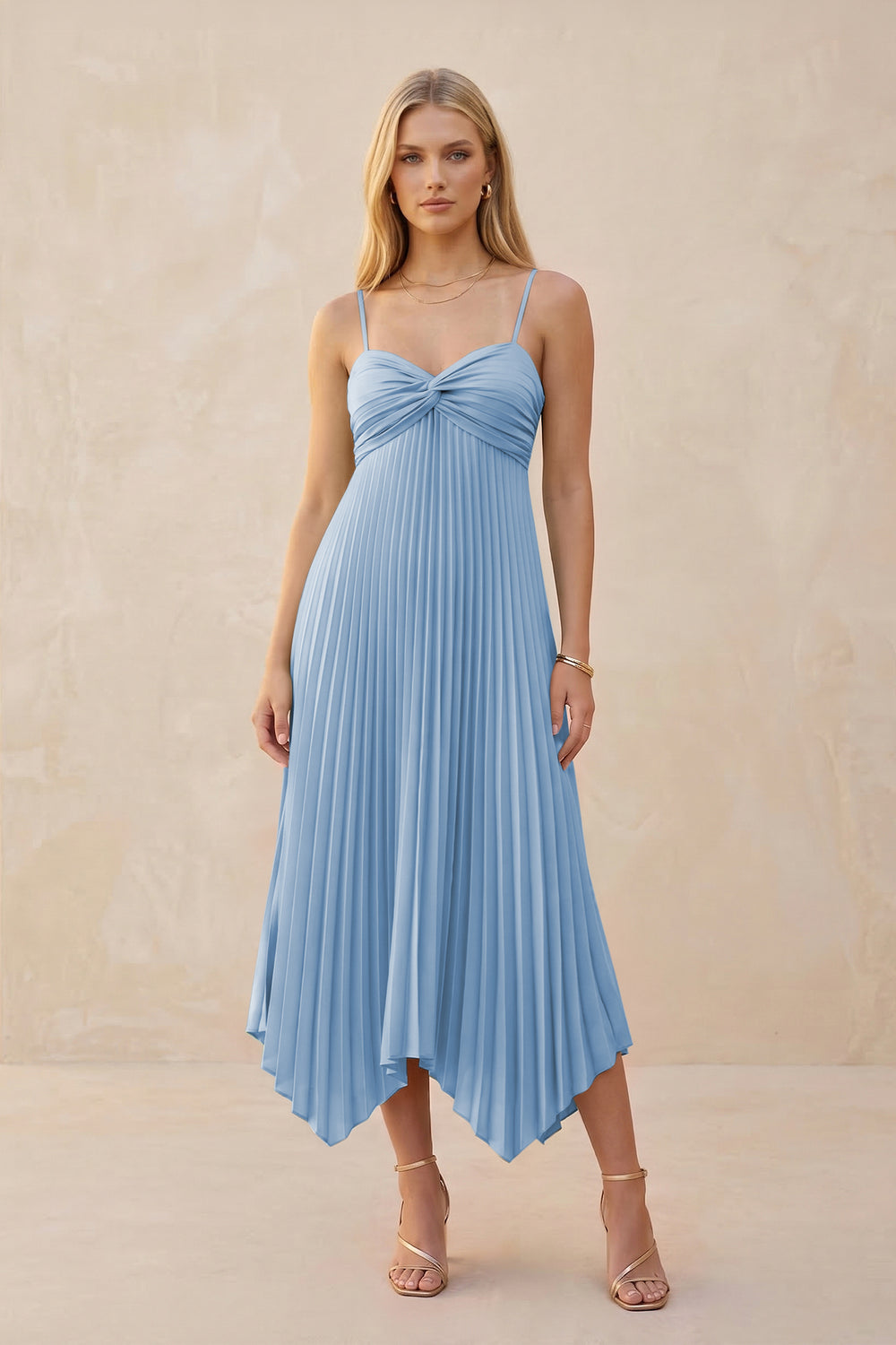 Spaghetti Strap Pleated A-Line Chiffon Midi Bridesmaid Dress in Steel Blue