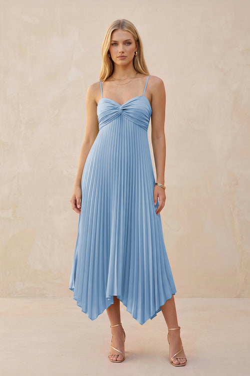 Spaghetti Strap Pleated A-Line Chiffon Midi Bridesmaid Dress in Steel Blue | KISSBRIDAL