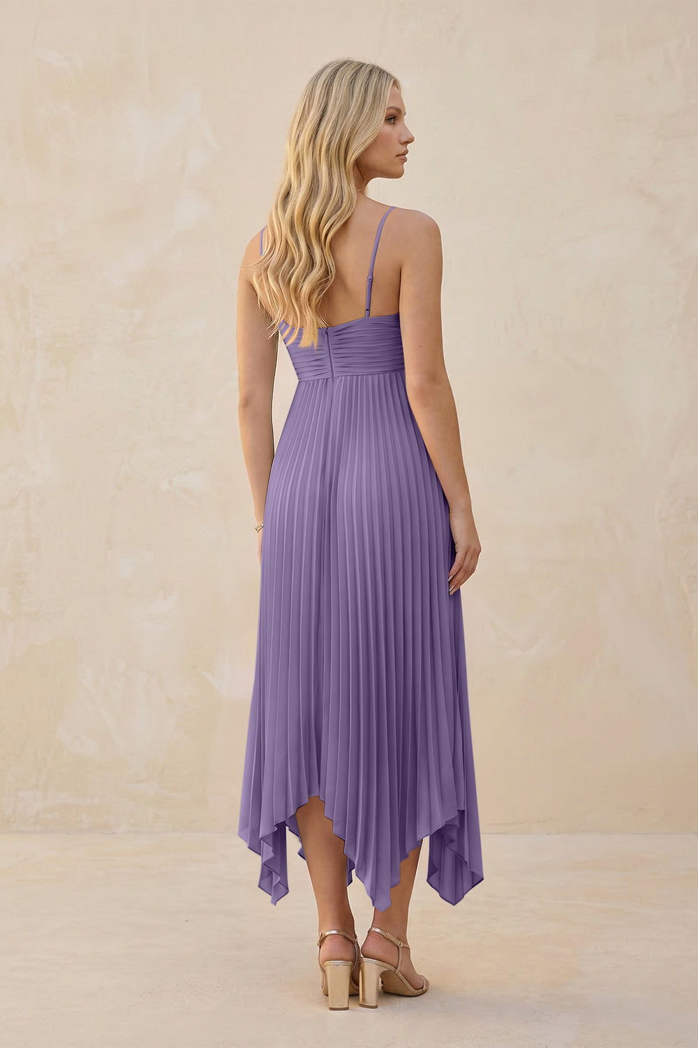 Spaghetti Strap Pleated A-Line Chiffon Midi Bridesmaid Dress in Tahiti