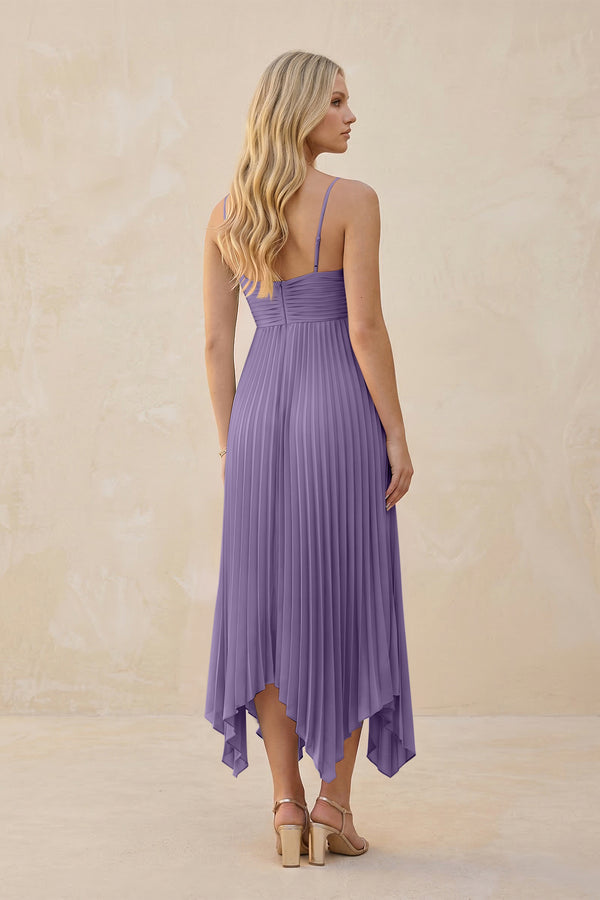 Spaghetti Strap Pleated A-Line Chiffon Midi Bridesmaid Dress in Tahiti (2) | KISSBRIDAL