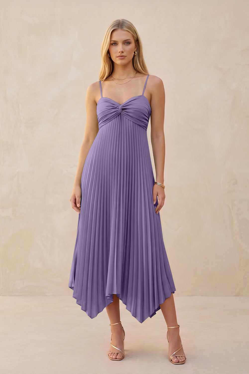 Spaghetti Strap Pleated A-Line Chiffon Midi Bridesmaid Dress in Tahiti
