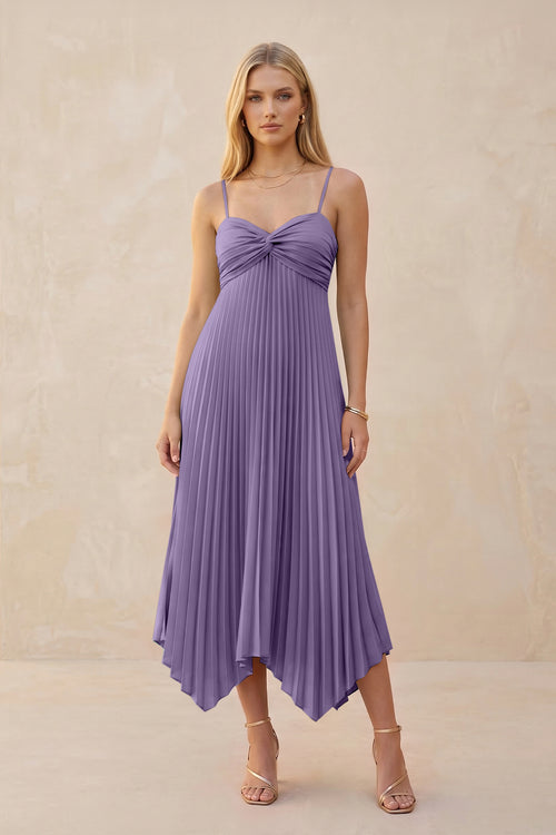 Spaghetti Strap Pleated A-Line Chiffon Midi Bridesmaid Dress in Tahiti | KISSBRIDAL
