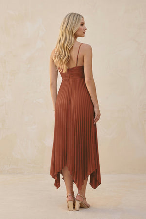 Spaghetti Strap Pleated A-Line Chiffon Midi Bridesmaid Dress in Terracotta (2) | KISSBRIDAL