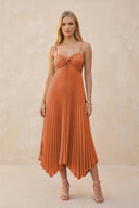 Spaghetti Strap Pleated A - Line Chiffon Midi Bridesmaid Dress in Terracotta - KISS BRIDAL Bridesmaid Dresses