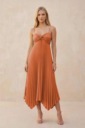 Spaghetti Strap Pleated A - Line Chiffon Midi Bridesmaid Dress in Terracotta - KISS BRIDAL Bridesmaid Dresses