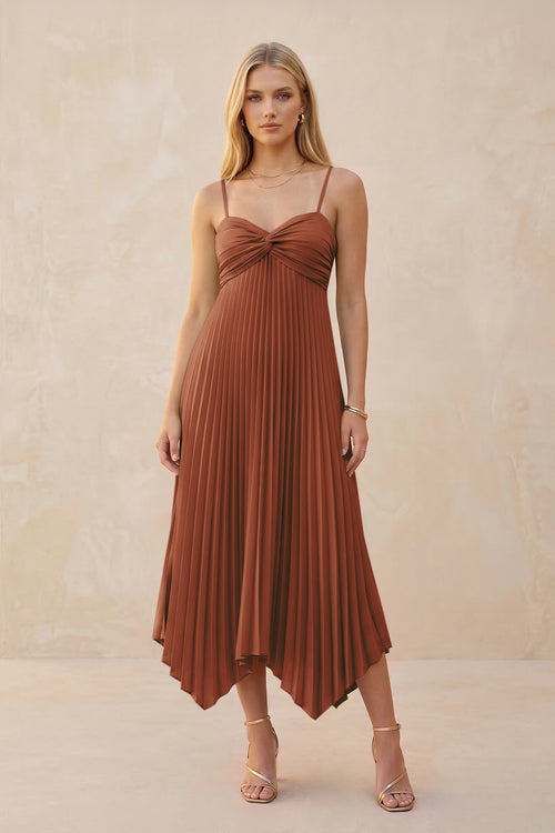Spaghetti Strap Pleated A-Line Chiffon Midi Bridesmaid Dress in Terracotta | KISSBRIDAL