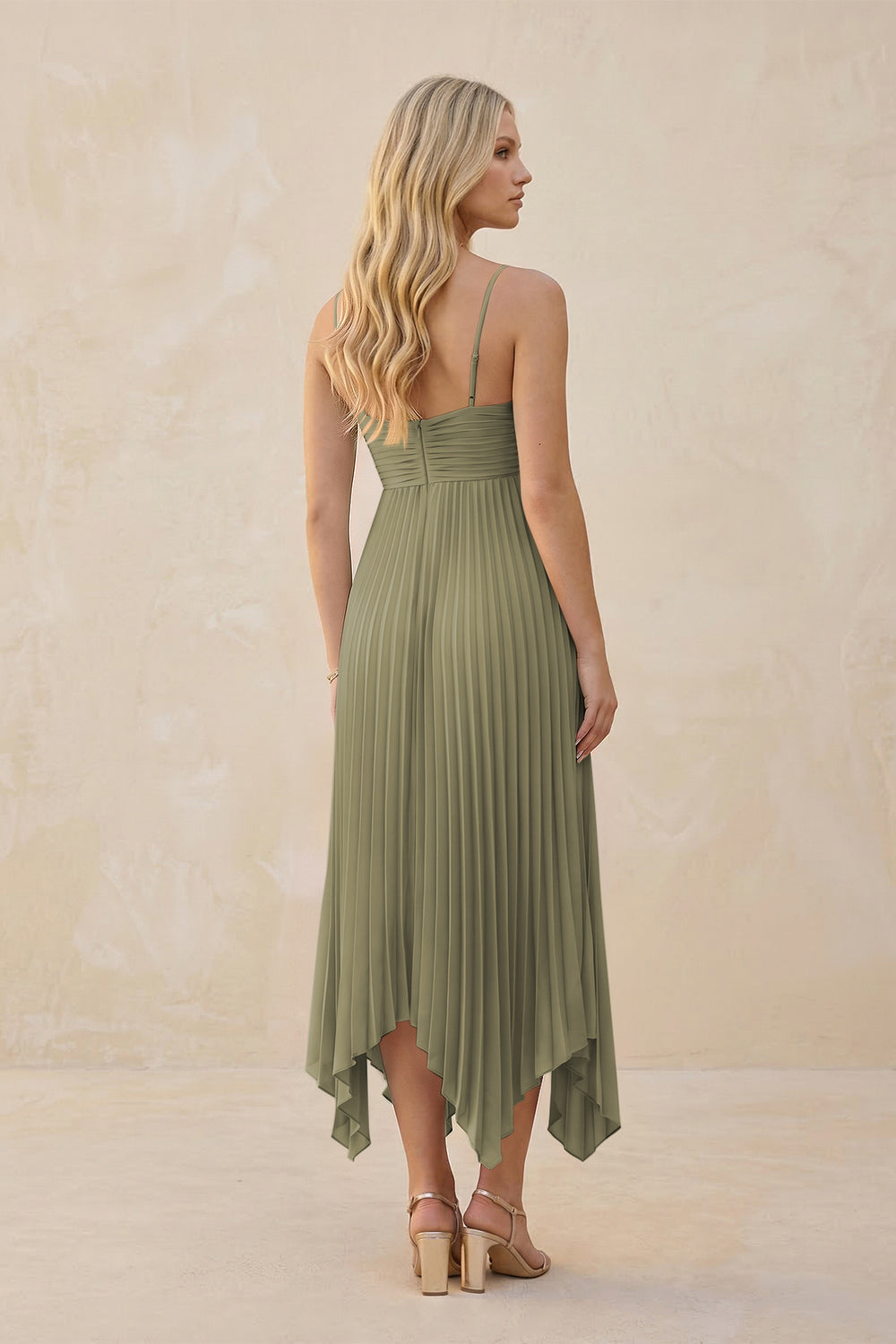 Spaghetti Strap Pleated A-Line Chiffon Midi Bridesmaid Dress in Thyme