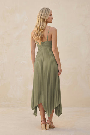 Spaghetti Strap Pleated A-Line Chiffon Midi Bridesmaid Dress in Thyme (2) | KISSBRIDAL