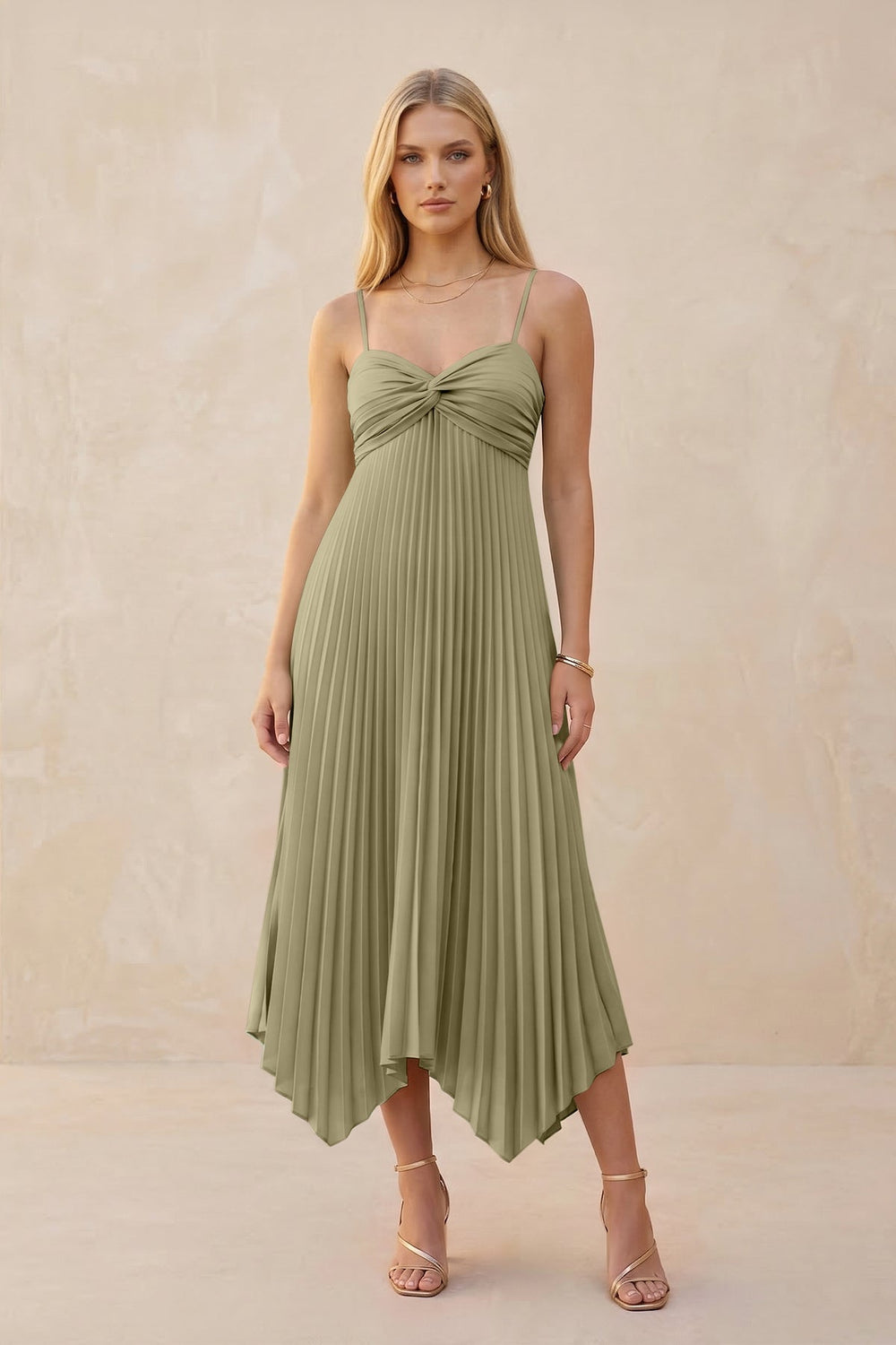 Spaghetti Strap Pleated A - Line Chiffon Midi Bridesmaid Dress in Thyme - KISS BRIDAL Bridesmaid Dresses
