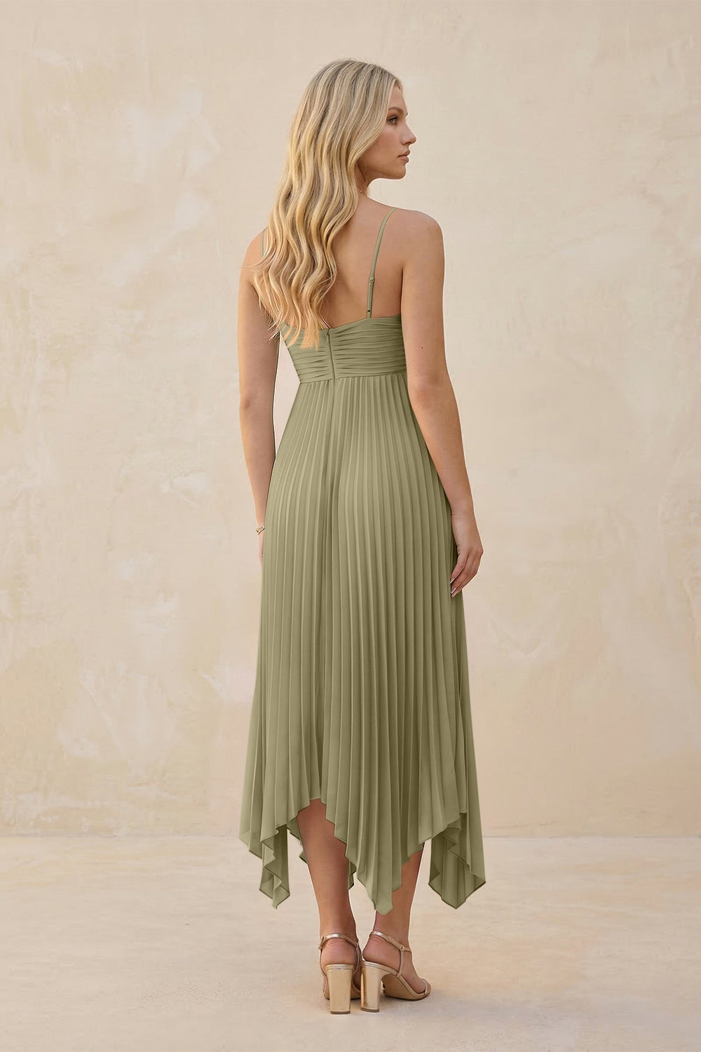 Spaghetti Strap Pleated A - Line Chiffon Midi Bridesmaid Dress in Thyme - KISS BRIDAL Bridesmaid Dresses