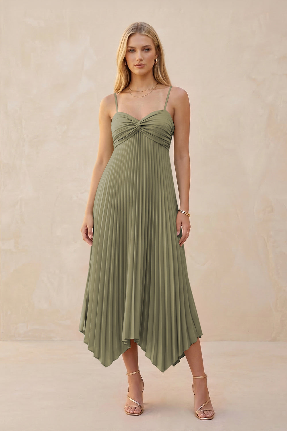 Spaghetti Strap Pleated A-Line Chiffon Midi Bridesmaid Dress in Thyme