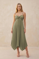 Spaghetti Strap Pleated A-Line Chiffon Midi Bridesmaid Dress in Thyme | KISSBRIDAL