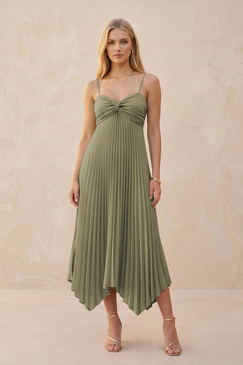 Spaghetti Strap Pleated A-Line Chiffon Midi Bridesmaid Dress in Thyme | KISSBRIDAL