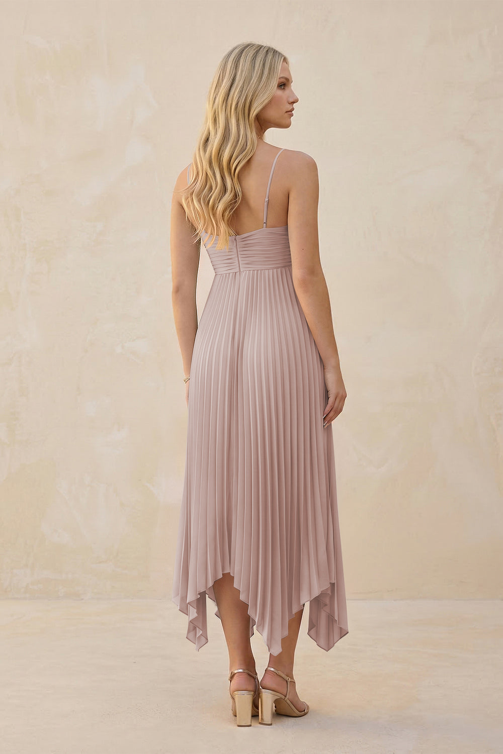 Spaghetti Strap Pleated A-Line Chiffon Midi Bridesmaid Dress in Toffee