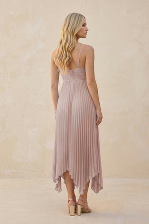 Spaghetti Strap Pleated A-Line Chiffon Midi Bridesmaid Dress in Toffee (2) | KISSBRIDAL
