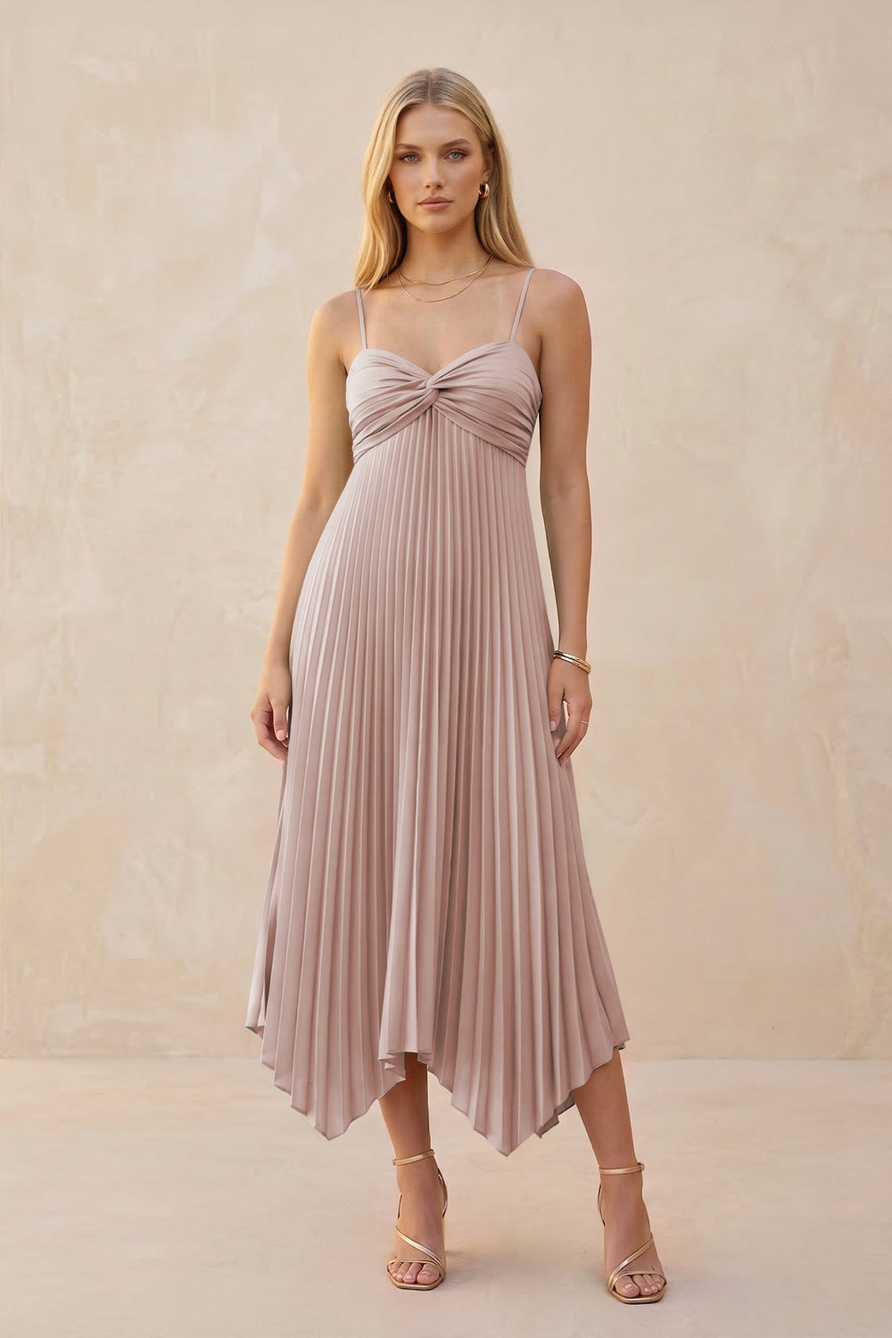 Spaghetti Strap Pleated A - Line Chiffon Midi Bridesmaid Dress in Toffee - KISS BRIDAL Bridesmaid Dresses