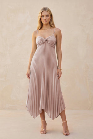 Spaghetti Strap Pleated A - Line Chiffon Midi Bridesmaid Dress in Toffee - KISS BRIDAL Bridesmaid Dresses