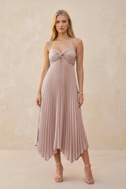 Spaghetti Strap Pleated A - Line Chiffon Midi Bridesmaid Dress in Toffee - KISS BRIDAL Bridesmaid Dresses