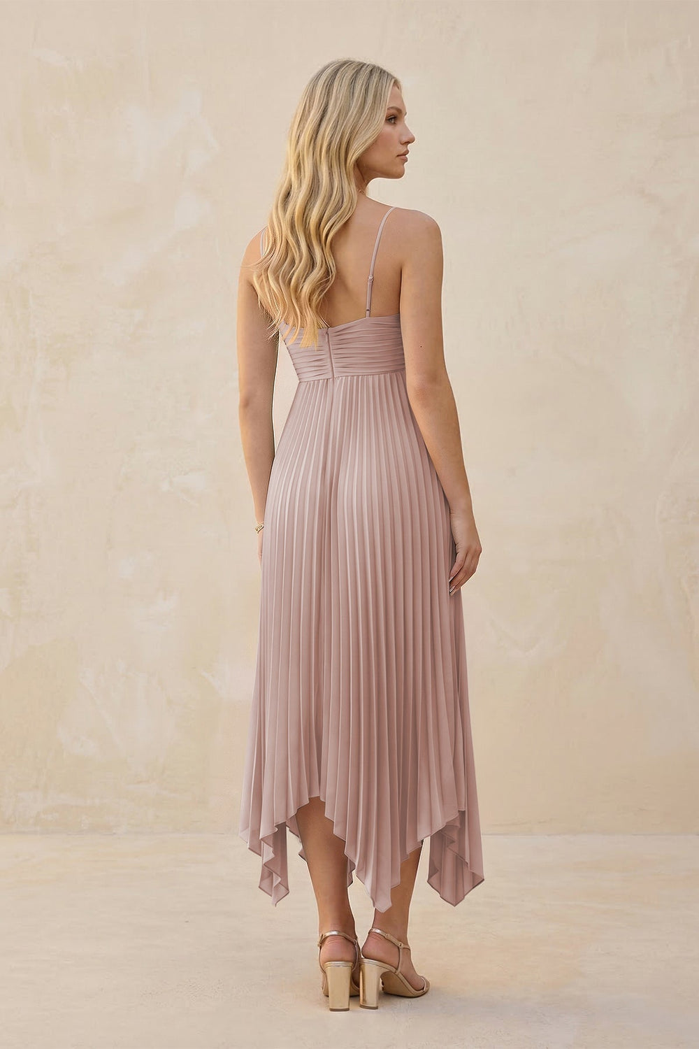 Spaghetti Strap Pleated A - Line Chiffon Midi Bridesmaid Dress in Toffee - KISS BRIDAL Bridesmaid Dresses