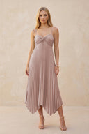 Spaghetti Strap Pleated A-Line Chiffon Midi Bridesmaid Dress in Toffee | KISSBRIDAL
