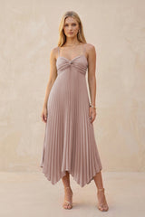 Spaghetti Strap Pleated A-Line Chiffon Midi Bridesmaid Dress in Toffee | KISSBRIDAL