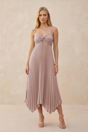 Spaghetti Strap Pleated A-Line Chiffon Midi Bridesmaid Dress in Toffee | KISSBRIDAL