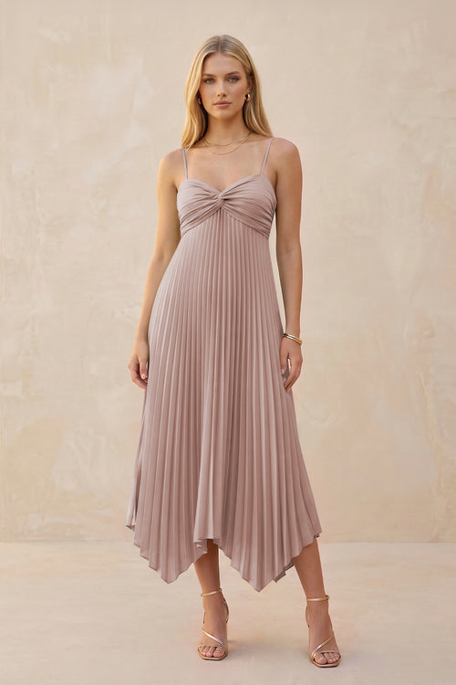 Spaghetti Strap Pleated A-Line Chiffon Midi Bridesmaid Dress in Toffee | KISSBRIDAL