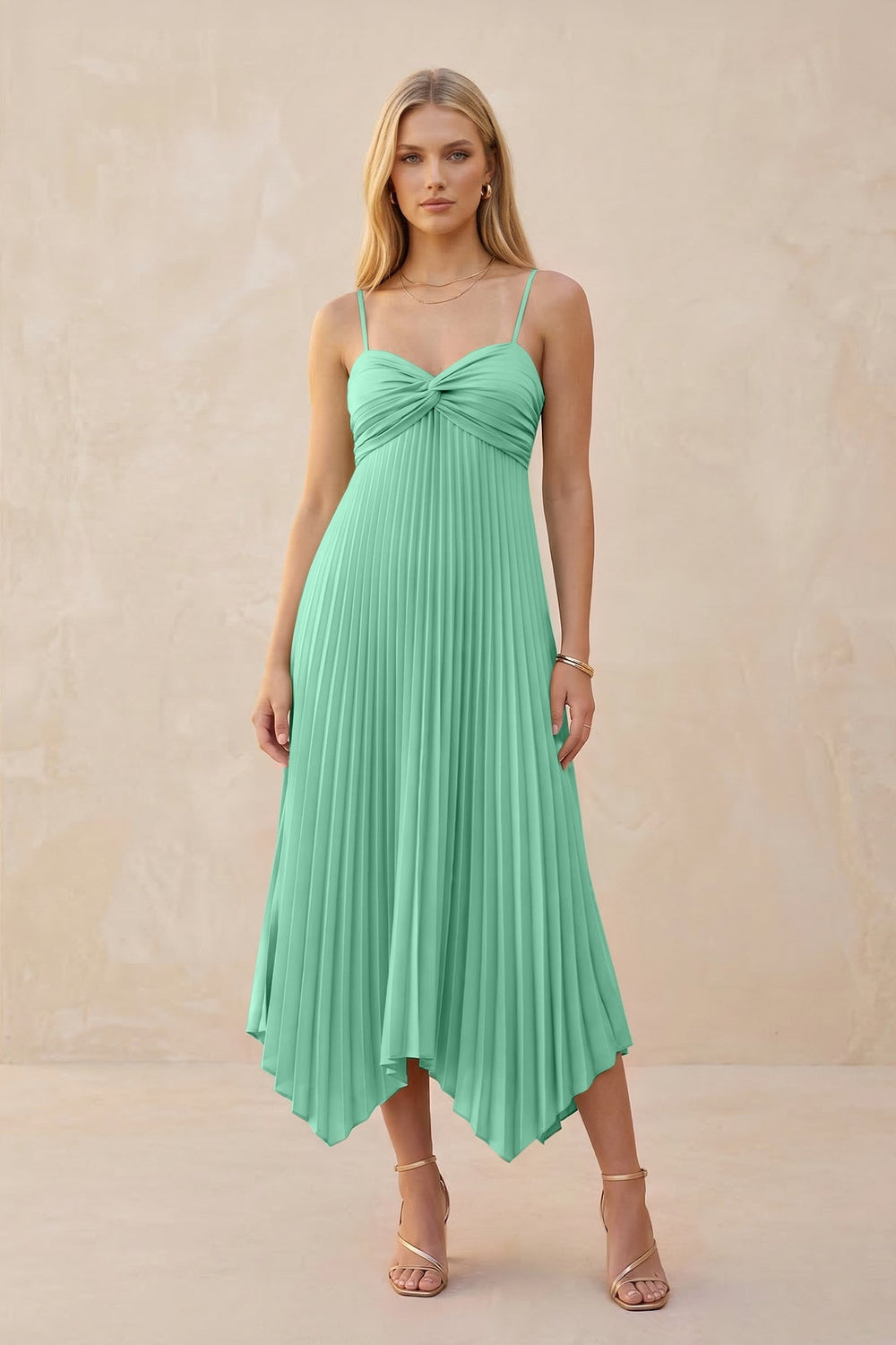 Spaghetti Strap Pleated A - Line Chiffon Midi Bridesmaid Dress in Turquoise - KISS BRIDAL Bridesmaid Dresses