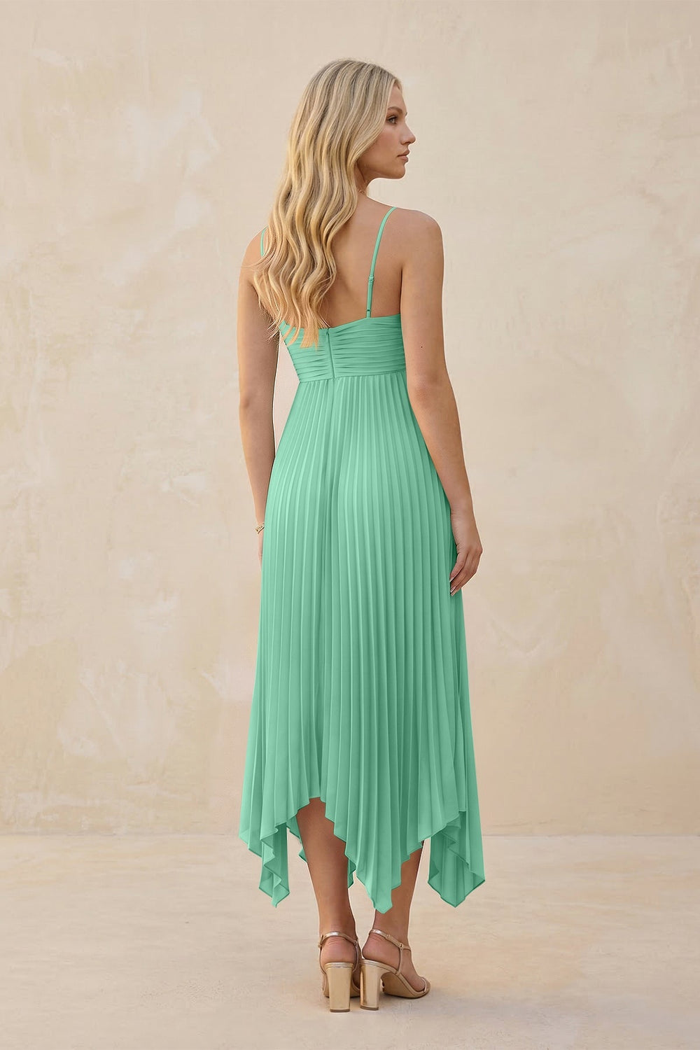 Spaghetti Strap Pleated A - Line Chiffon Midi Bridesmaid Dress in Turquoise - KISS BRIDAL Bridesmaid Dresses