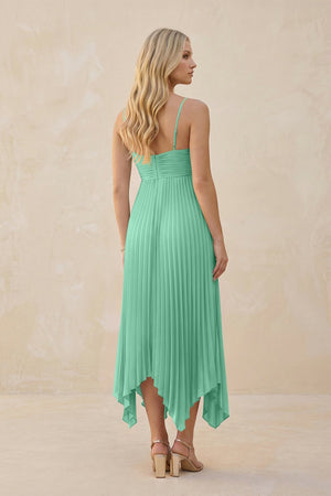 Spaghetti Strap Pleated A - Line Chiffon Midi Bridesmaid Dress in Turquoise - KISS BRIDAL Bridesmaid Dresses