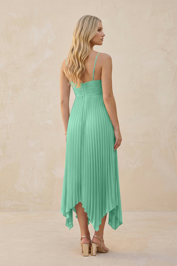 Spaghetti Strap Pleated A - Line Chiffon Midi Bridesmaid Dress in Turquoise - KISS BRIDAL Bridesmaid Dresses