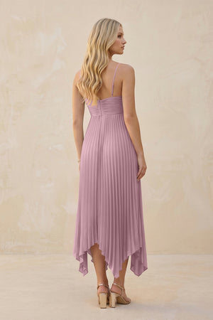 Spaghetti Strap Pleated A-Line Chiffon Midi Bridesmaid Dress in Vintage Mauve (2) | KISSBRIDAL