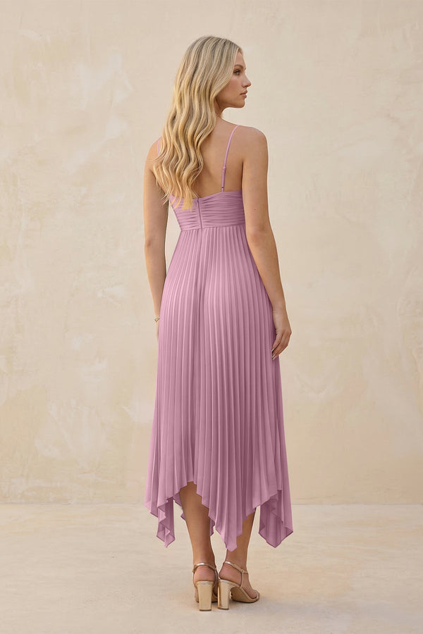 Spaghetti Strap Pleated A - Line Chiffon Midi Bridesmaid Dress in Vintage Mauve - KISS BRIDAL Bridesmaid Dresses